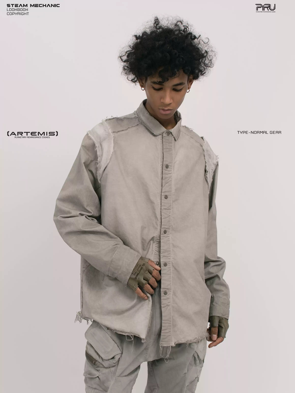 CHAOS ERA nightfall gray raw-edge technical shirt — front three-quarter modeled view looking down