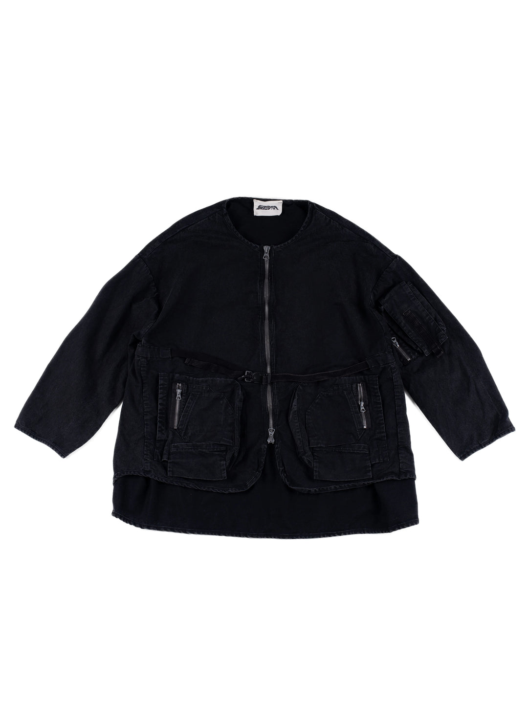 GAIA night black priest zip robe jacket — night black front flat lay showing the layered hem, front utility pockets and waist buckle
