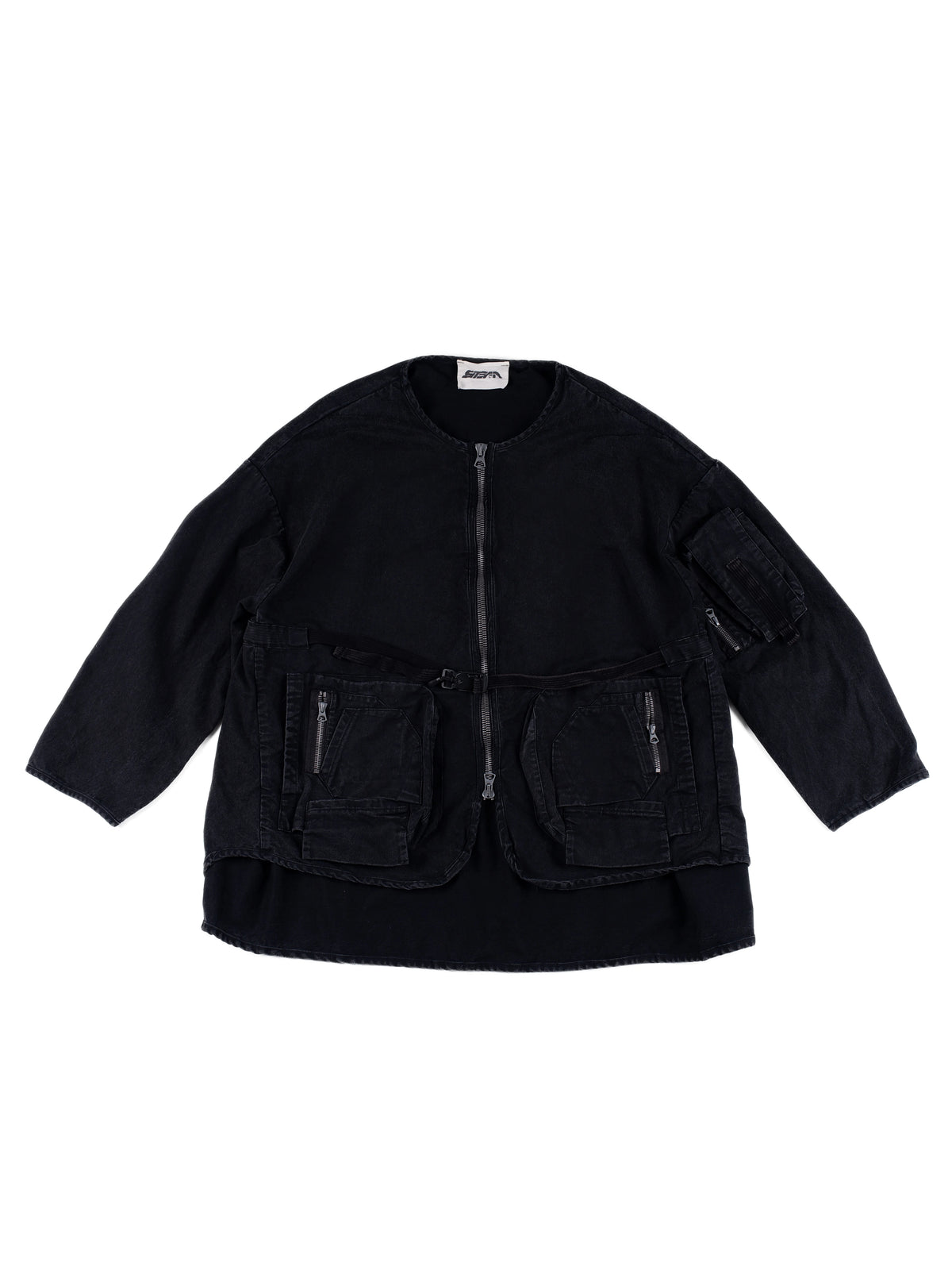 GAIA night black priest zip robe jacket — night black front flat lay showing the layered hem, front utility pockets and waist buckle