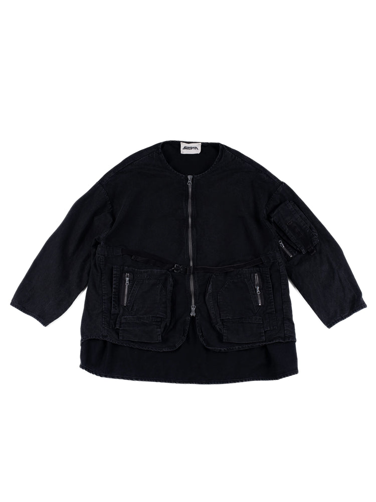 GAIA night black priest zip robe jacket — night black front flat lay showing the layered hem, front utility pockets and waist buckle