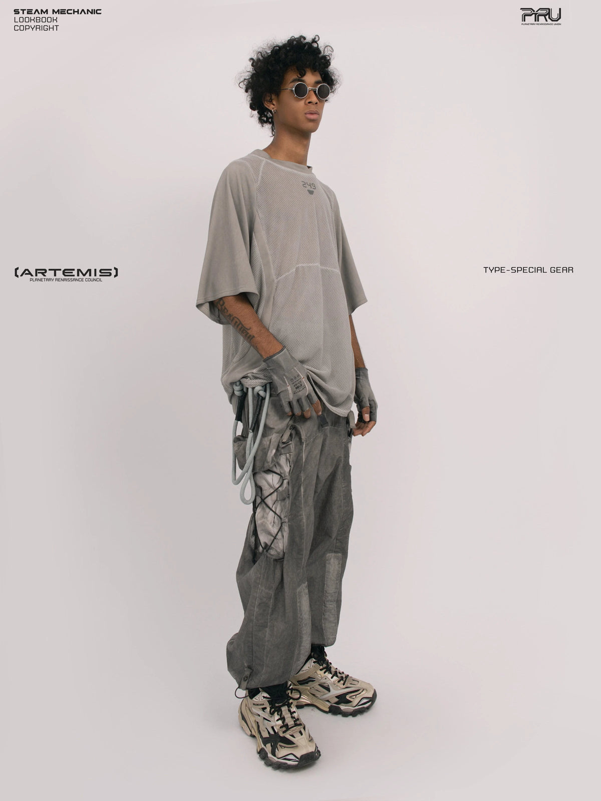 STARFIELD WELDER lunar sea gray distressed mesh tee — alternate product view