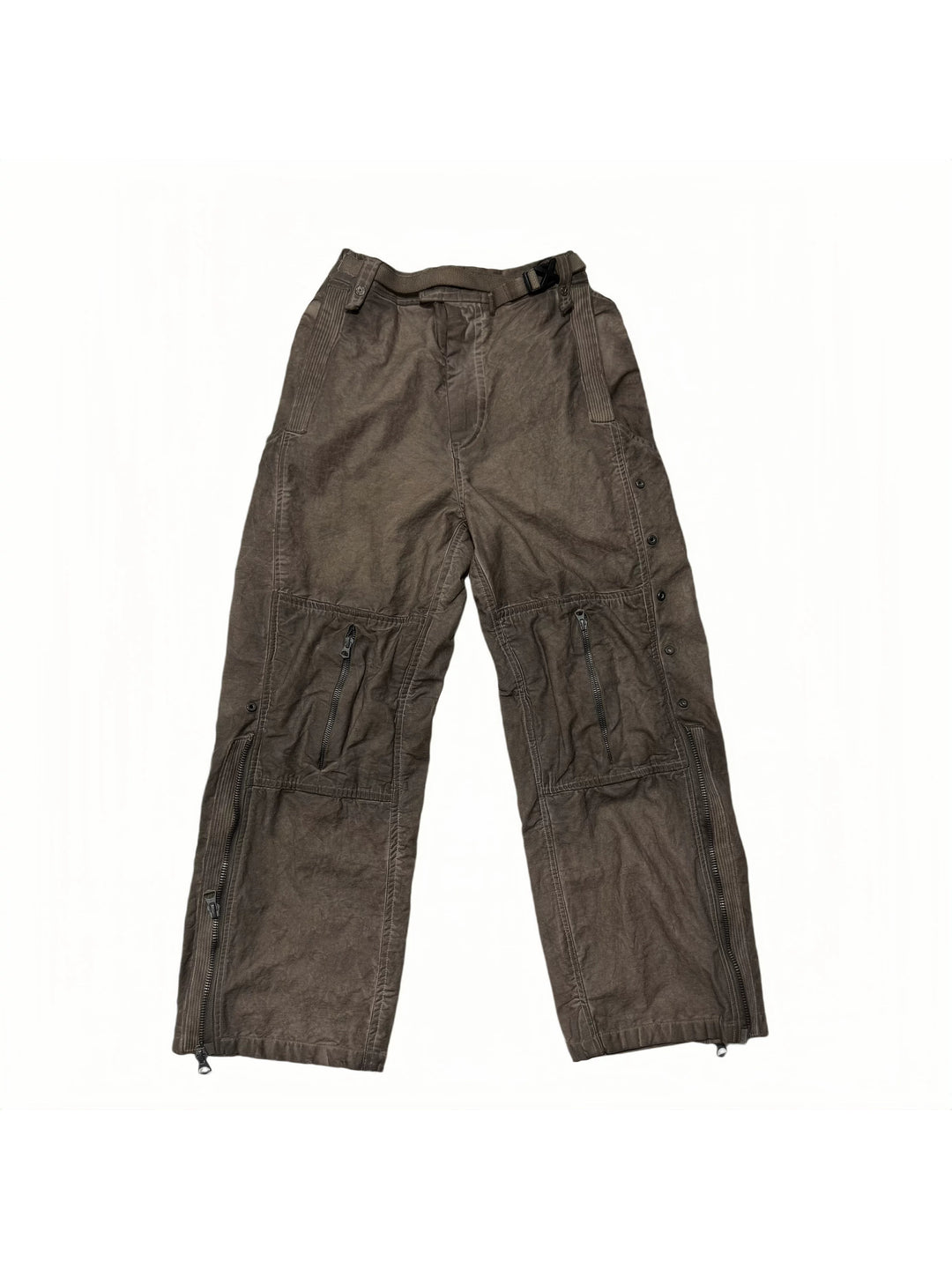 PIONEER ochre brown knee-mesh utility work pants — ochre brown front flat lay showing knee zippers and adjustable waist
