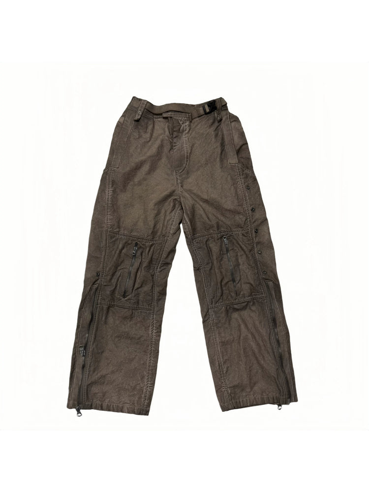 PIONEER ochre brown knee-mesh utility work pants — ochre brown front flat lay showing knee zippers and adjustable waist