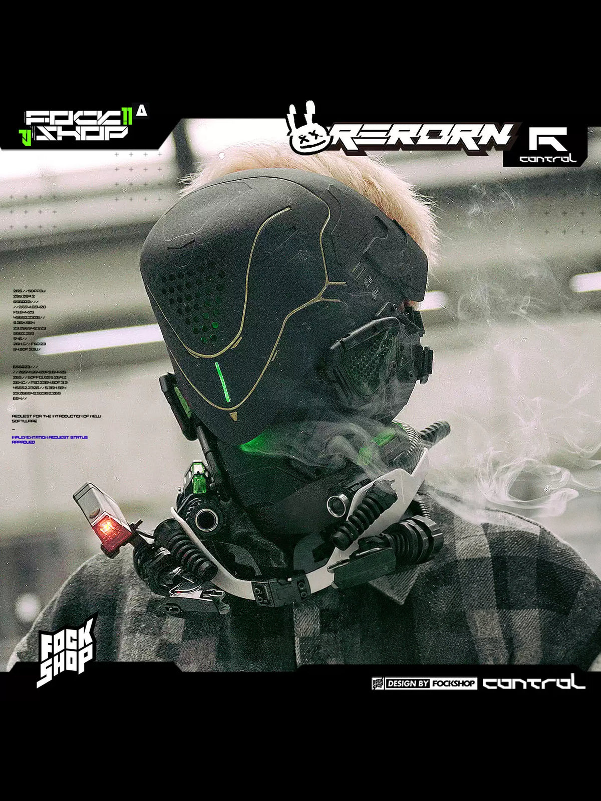 FOCKSHOP PROPHECY illuminated cyber mask in gold-line green — modeled three-quarter view with illuminated details and styled neck accessories