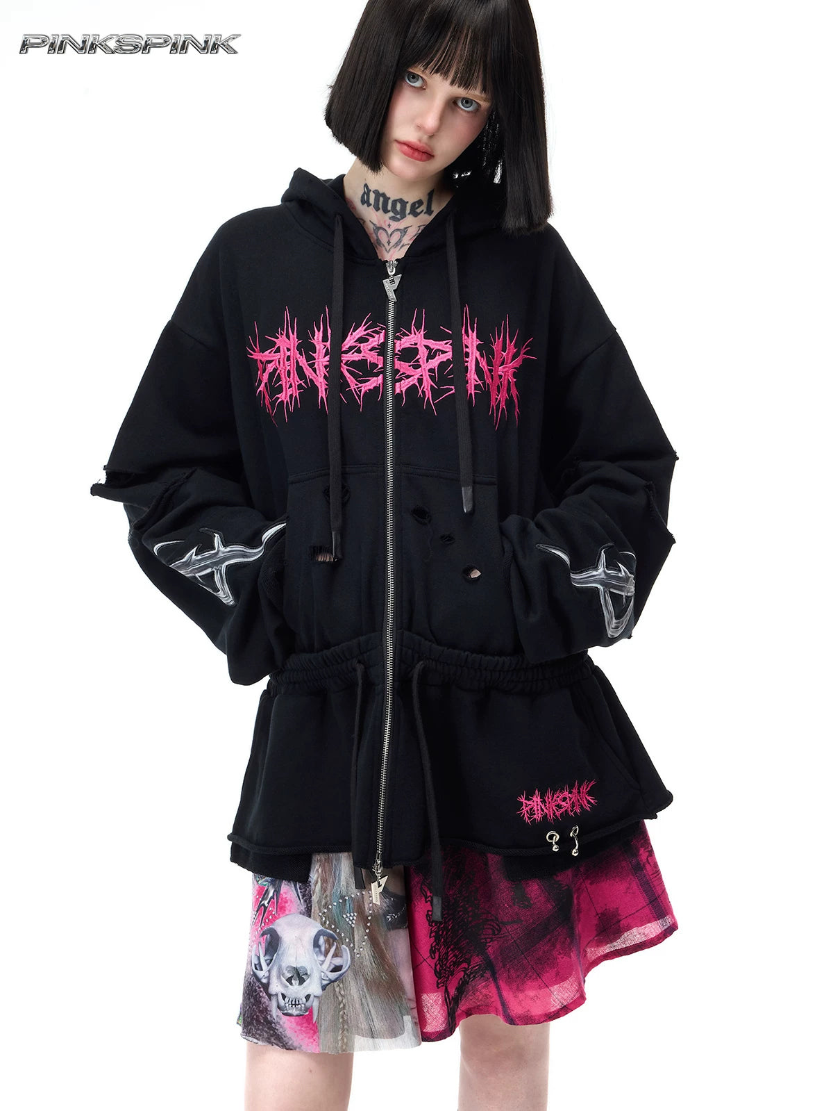 PINKSPINK MOHAWK RITUAL studded zip-up hoodie — front modeled view with hood lowered
