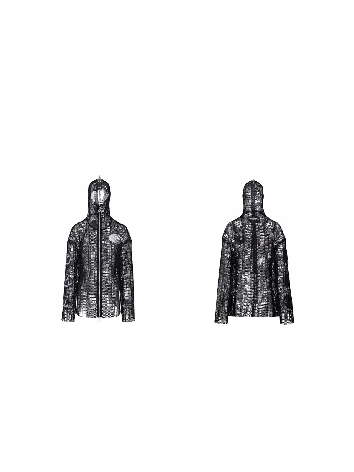 PINKSPINK ELECTRIC MOON spiked open-mesh zip hoodie in black — front and back garment-only views