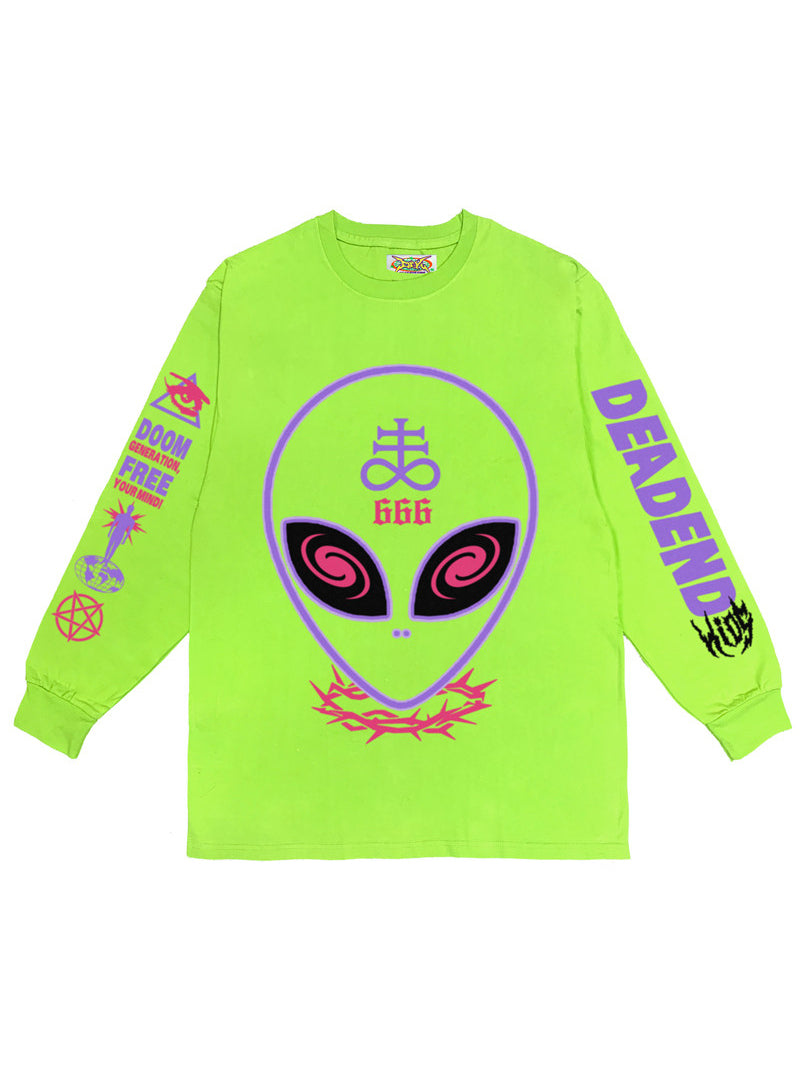 DEADENDKIDS ALIEN 666 neon graphic sweatshirt — close modeled view