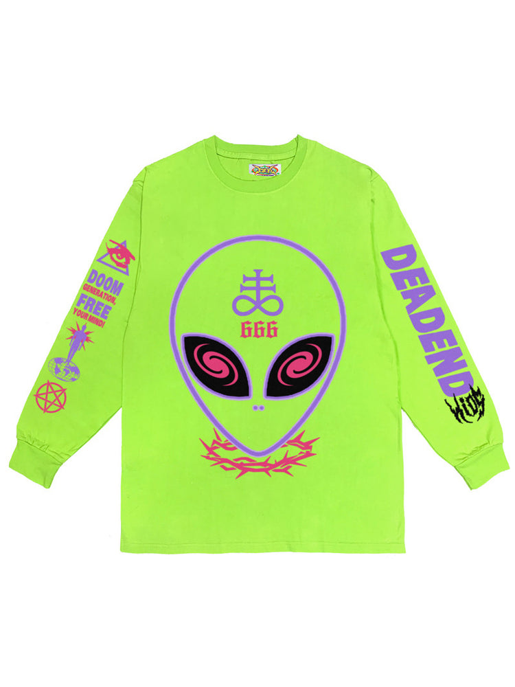 DEADENDKIDS ALIEN 666 neon graphic sweatshirt — close modeled view