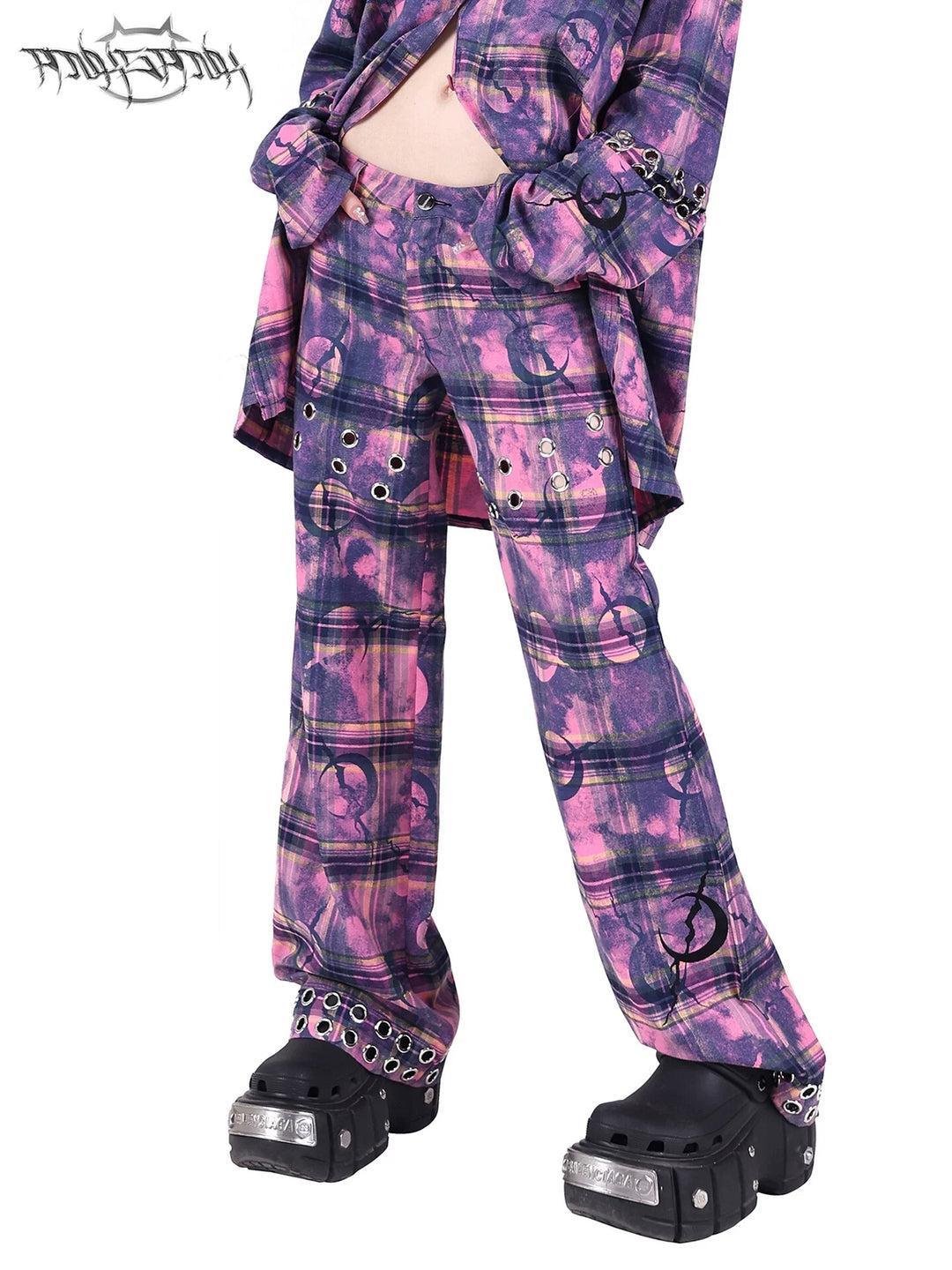 PINKSPINK ELECTRIC MOON wasteland plaid straight-leg pants — cleaned hero collage showing the complete design