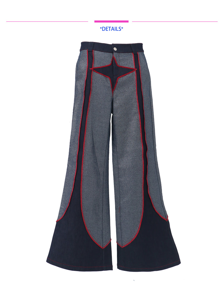 EMBRYO STARSHIFT patchwork flare jeans — full-length modeled view