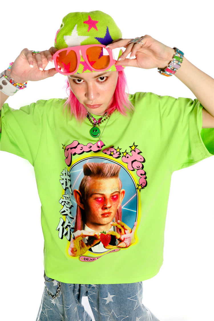 DEADENDKIDS LOVE HATE oversized graphic tee — alternate modeled angle