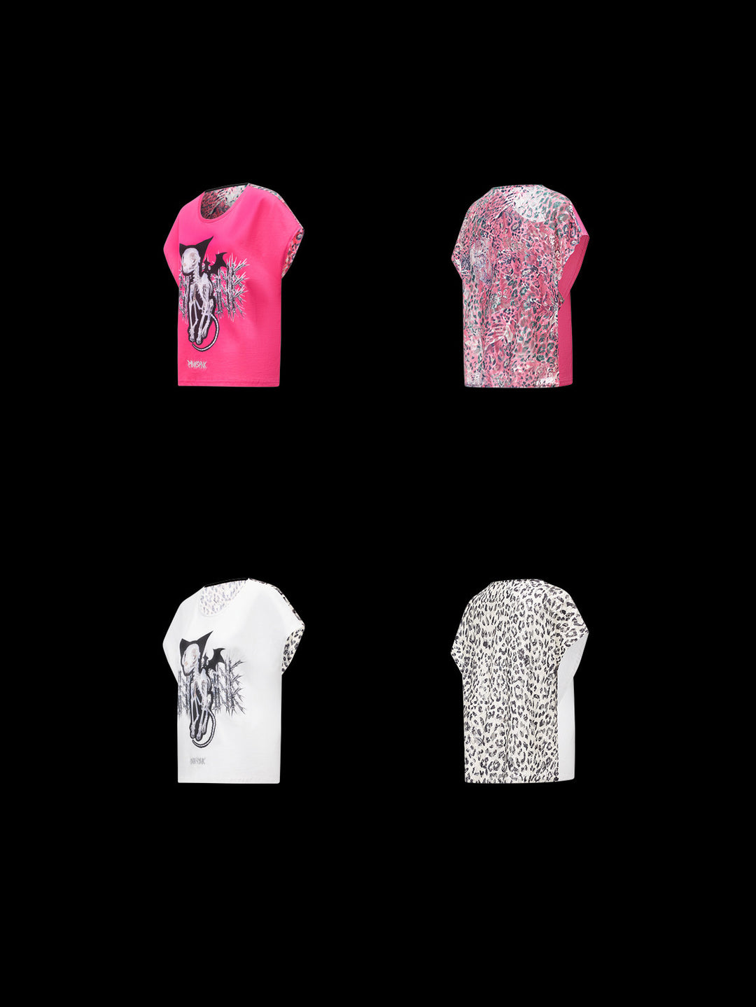 PINKSPINK DEVILCAT leopard-back graphic tee in pink and white — garment-only front and leopard-print back comparison on a clean black background