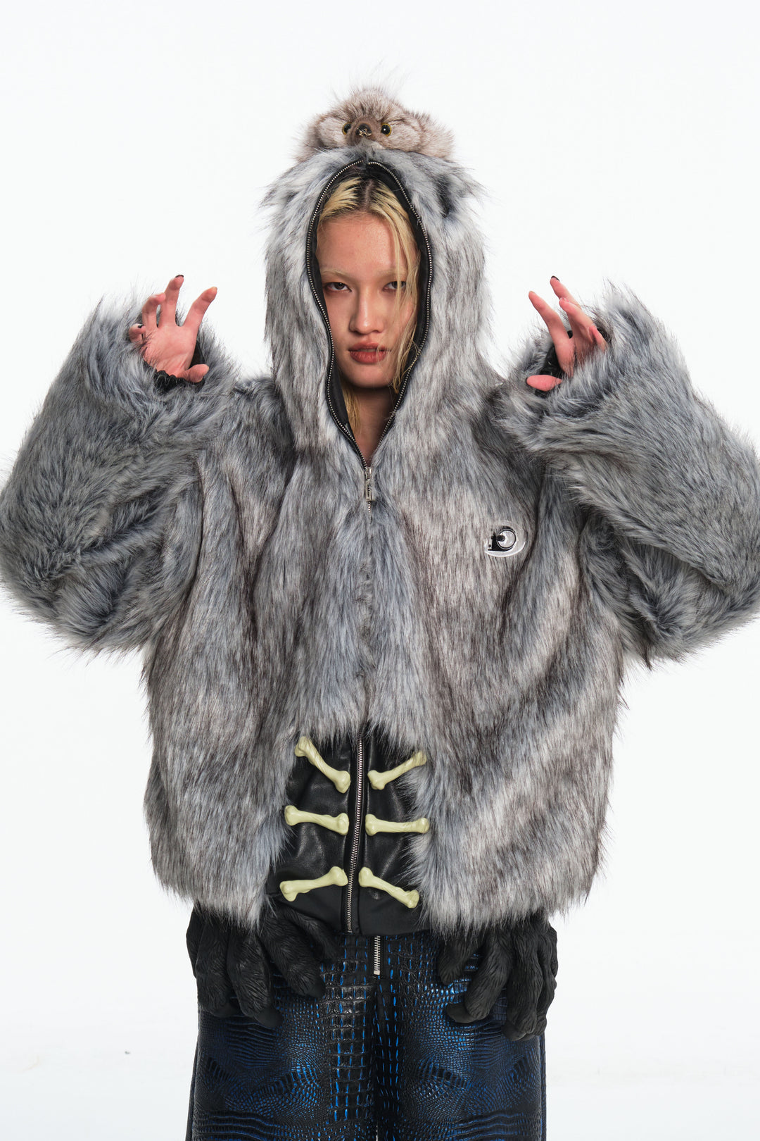 EMBRYO ANIMAL SHELL hooded faux-fur jacket — alternate modeled angle