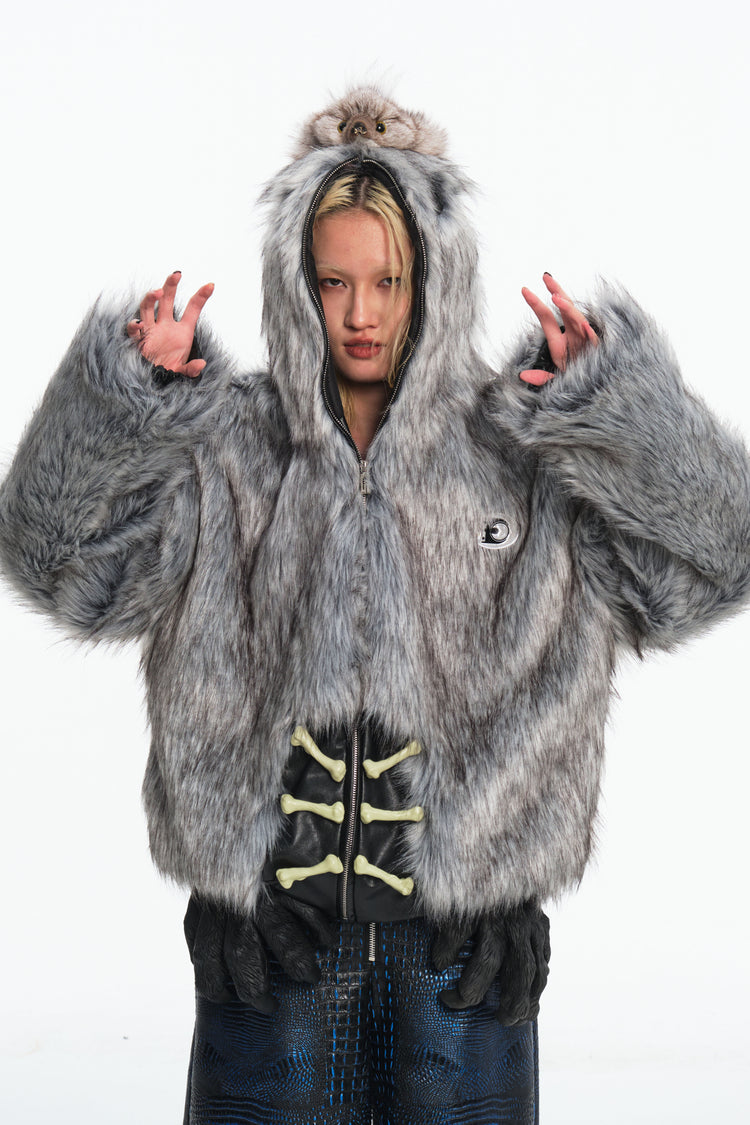 EMBRYO ANIMAL SHELL hooded faux-fur jacket — alternate modeled angle