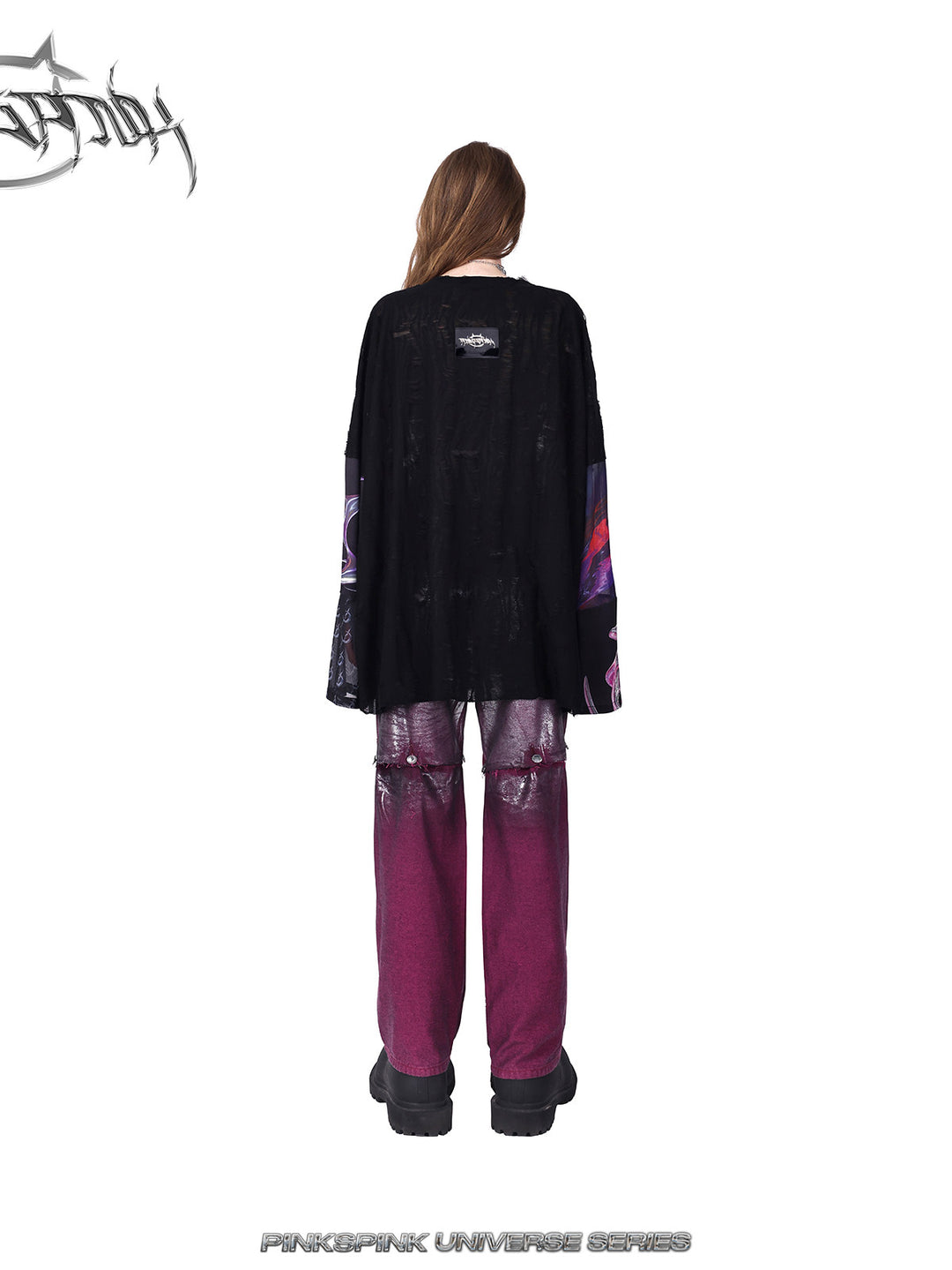 PINKSPINK ELECTRIC MOON silver-coated convertible jeans in burgundy silver — rear full-length modeled view with a black top