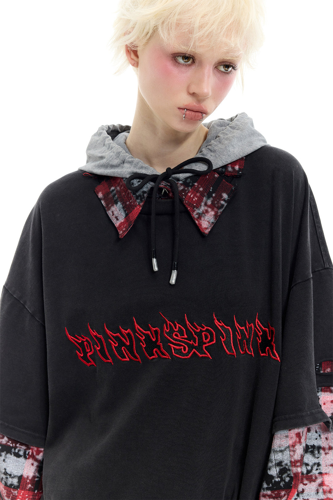 PINKSPINK REMAKE triple-layer plaid hoodie — black and red plaid hoodie — front close view with hood down