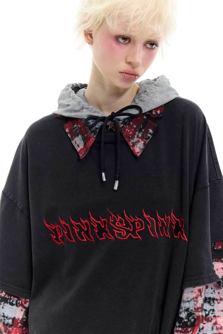 PINKSPINK REMAKE triple-layer plaid hoodie — black and red plaid hoodie — front close view with hood down
