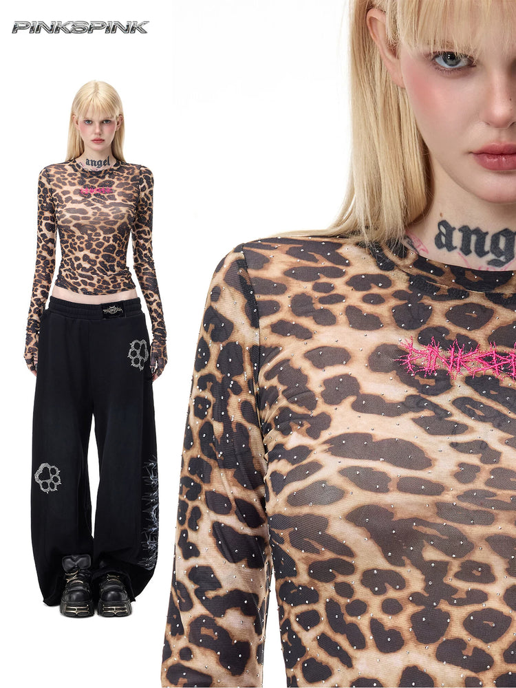 PINKSPINK VENOM rhinestone leopard mesh tee in brown leopard — collage of full-length fit and rhinestone mesh close-up