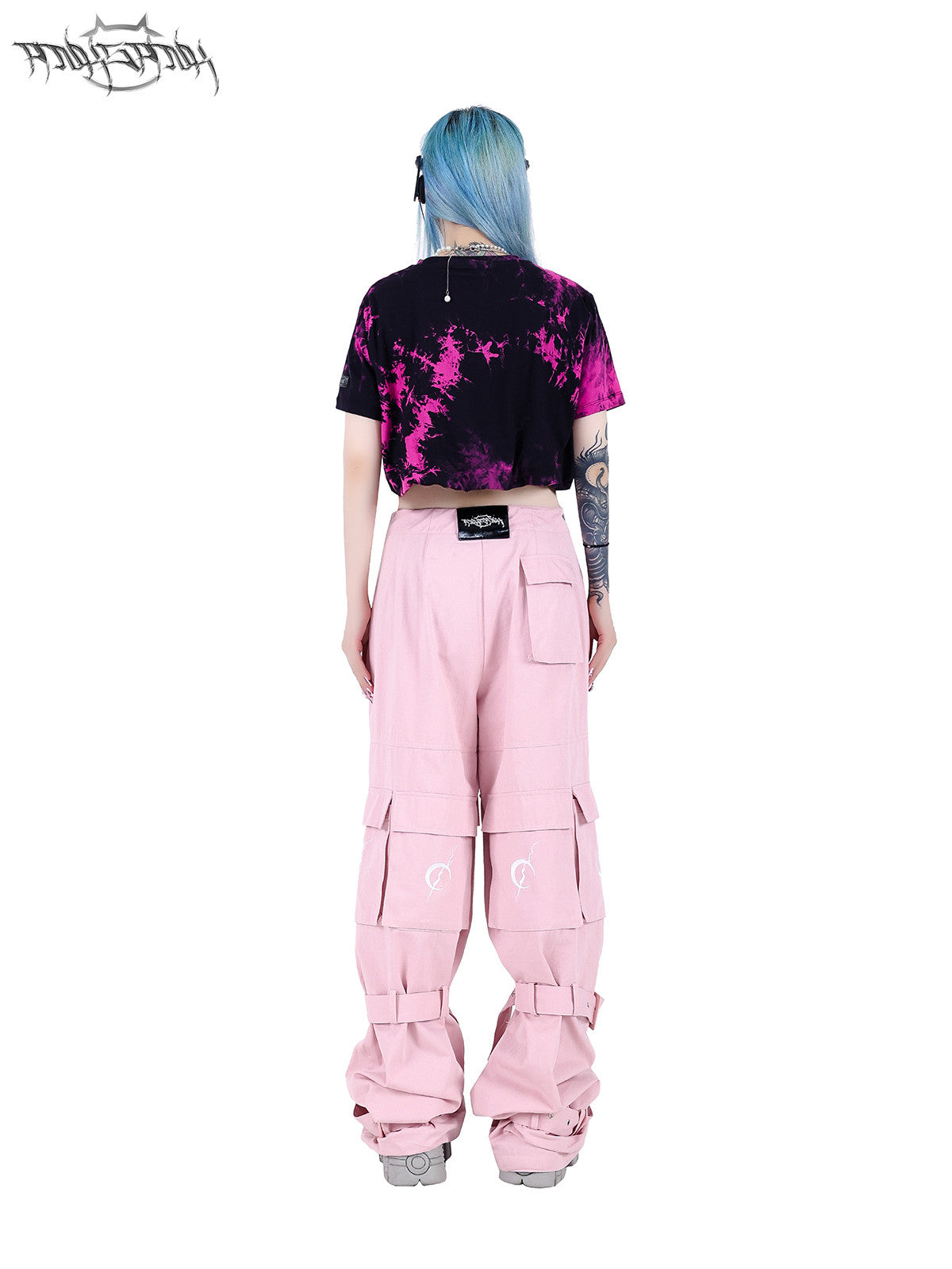 PINKSPINK ELECTRIC MOON double-layer tie-dye crop tee — pink-black back modeled view