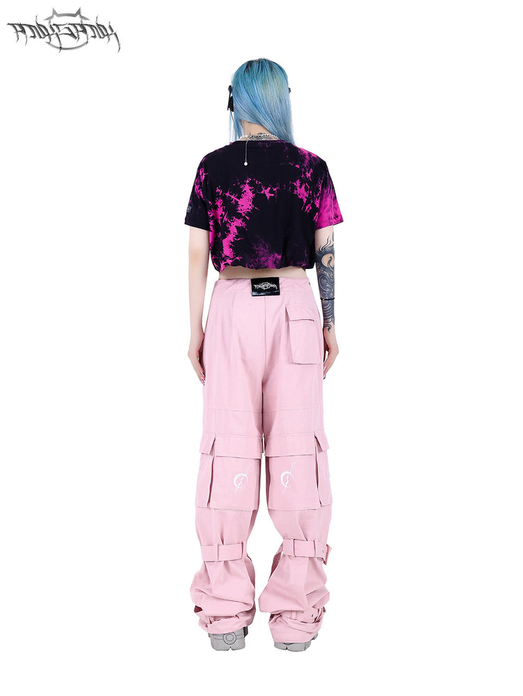 PINKSPINK ELECTRIC MOON double-layer tie-dye crop tee — pink-black back modeled view