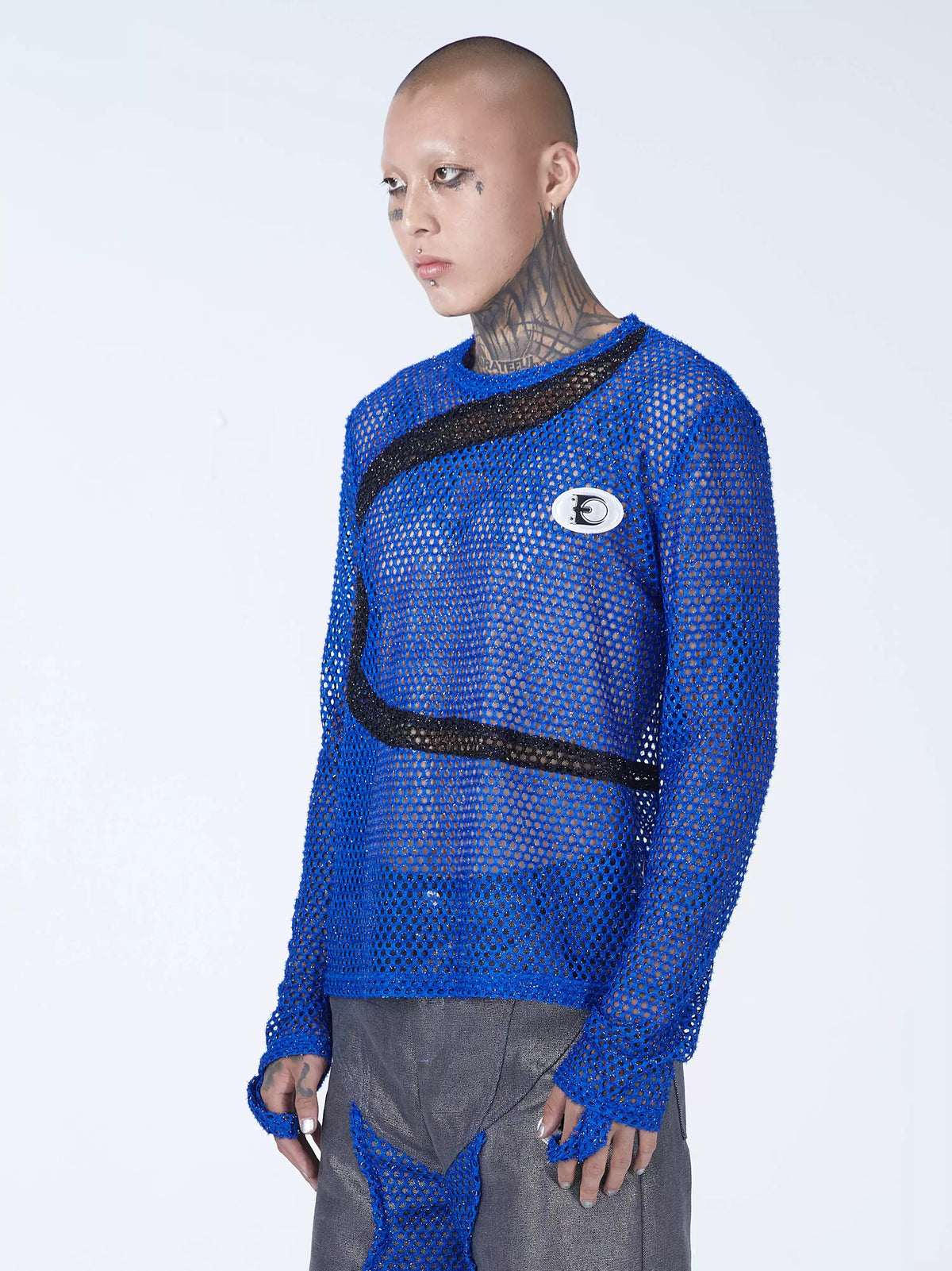 EMBRYO BLUE VOID cutout mesh finger-sleeve top — close modeled view