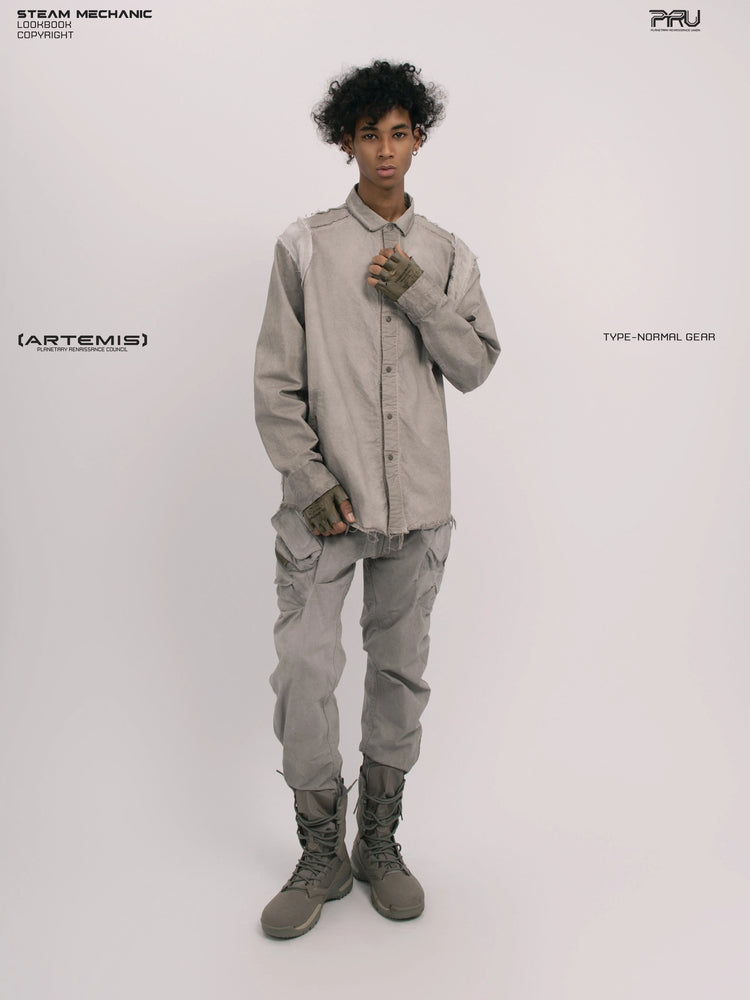 CHAOS ERA nightfall gray raw-edge technical shirt — full-length front modeled view holding the collar