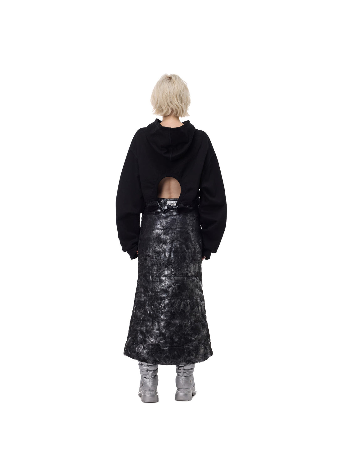 PINKSPINK THORN SIGNAL open-back cropped hoodie — black back full-length styling with skirt
