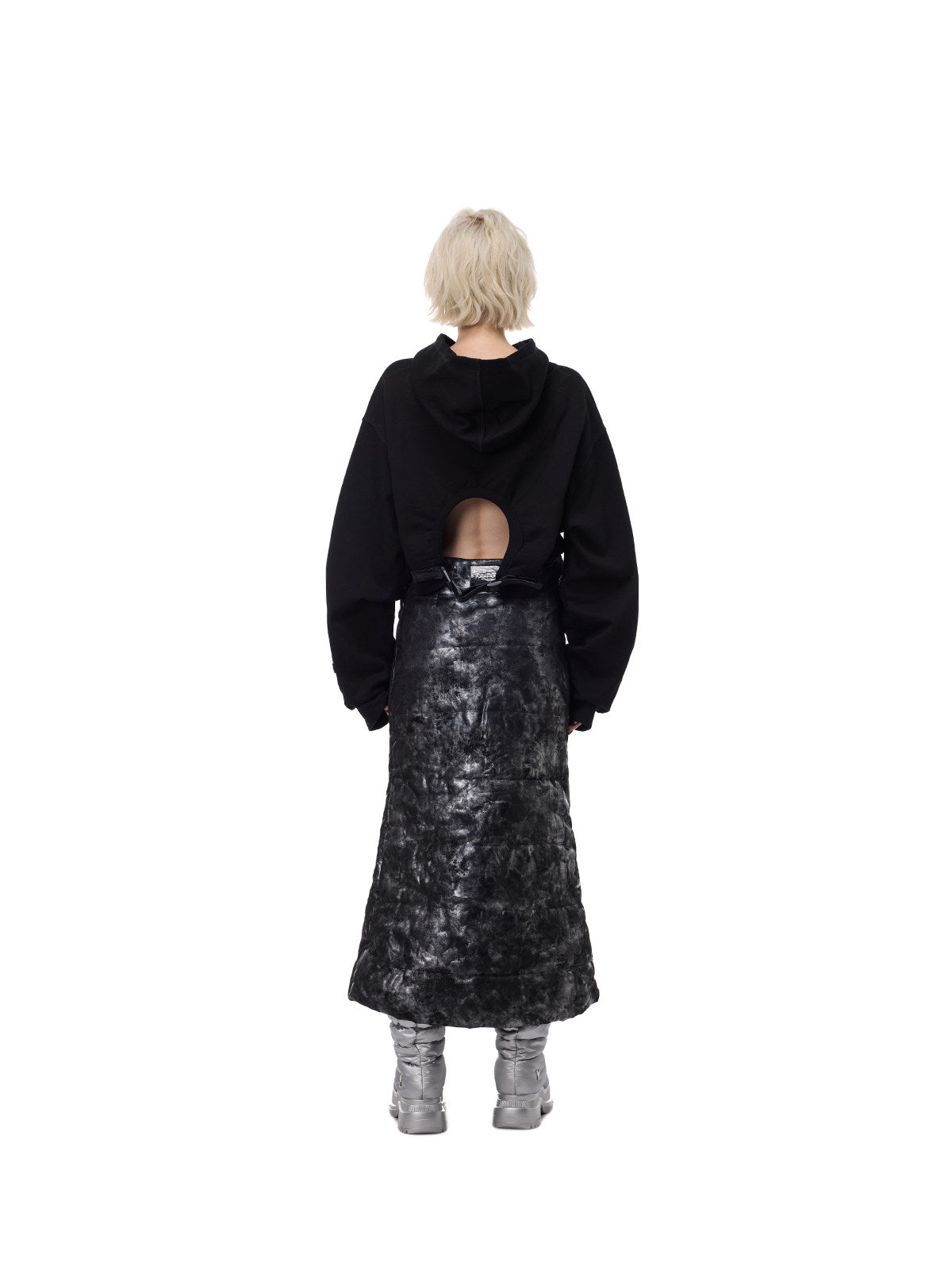 PINKSPINK THORN SIGNAL open-back cropped hoodie — black back full-length styling with skirt