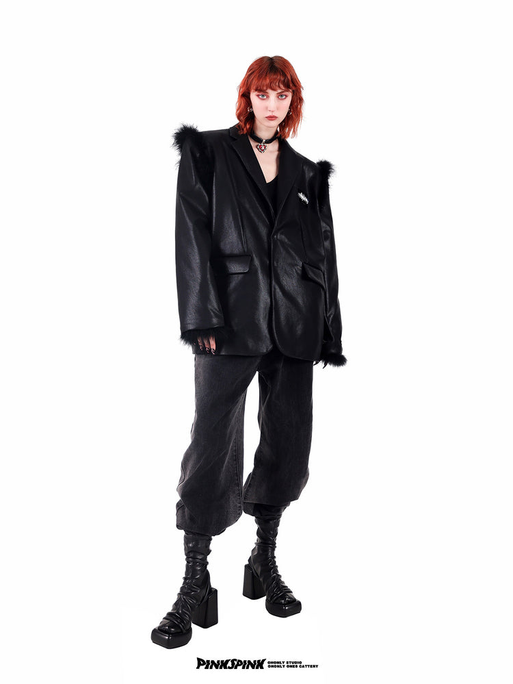 PINKSPINK OSTRICH plume-trim padded-shoulder blazer — close-up view of the material and finishing
