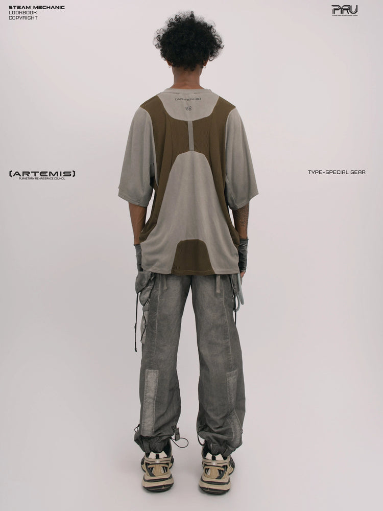 STARFIELD WELDER steel tundra distressed mesh tee — full-length back modeled view