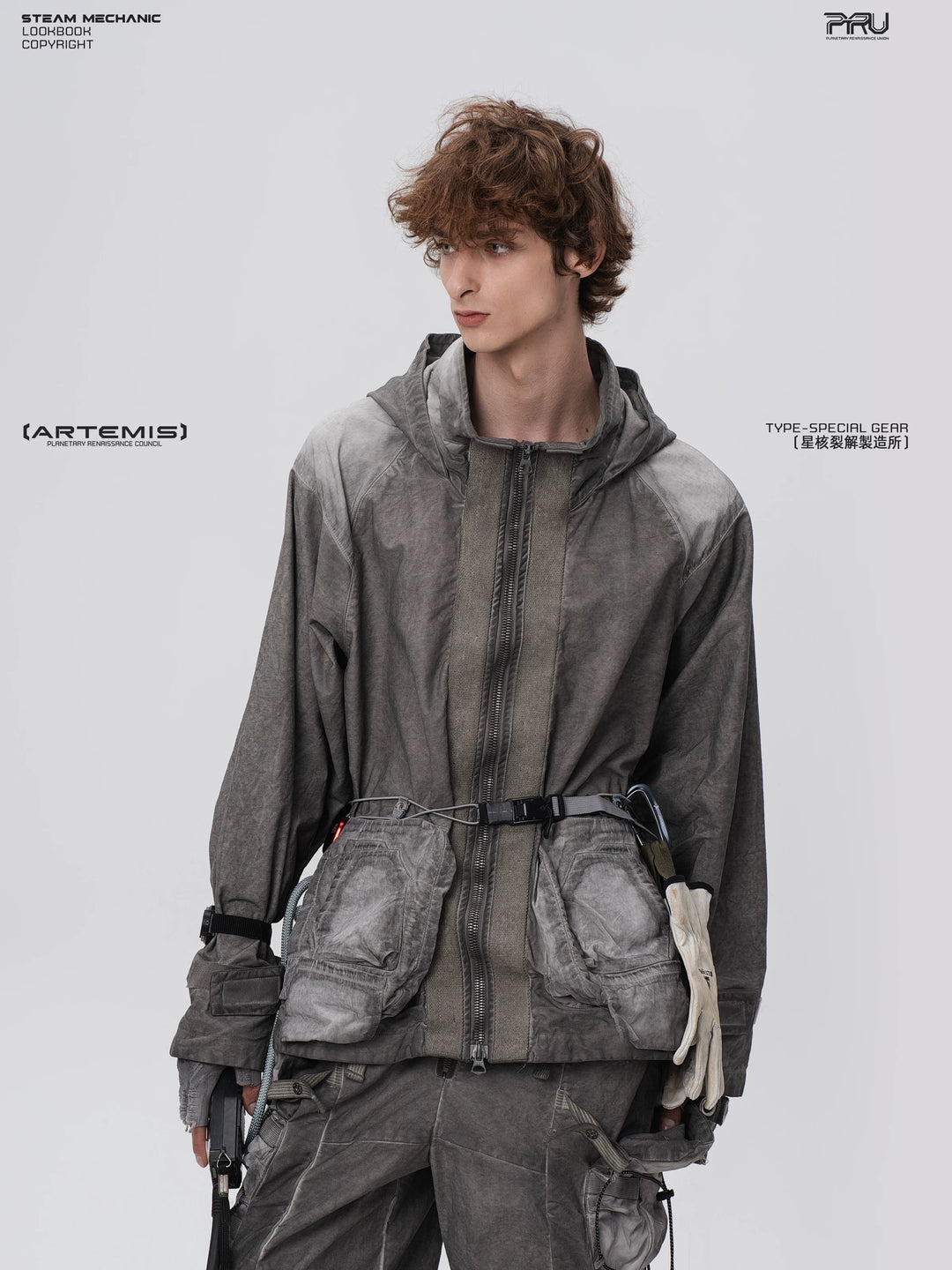STARCORE meteor gray distressed work jacket — rear modeled view