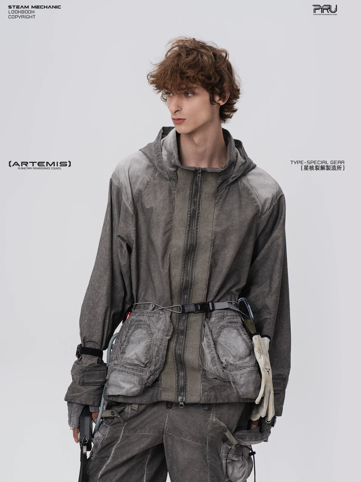 STARCORE meteor gray distressed work jacket — rear modeled view