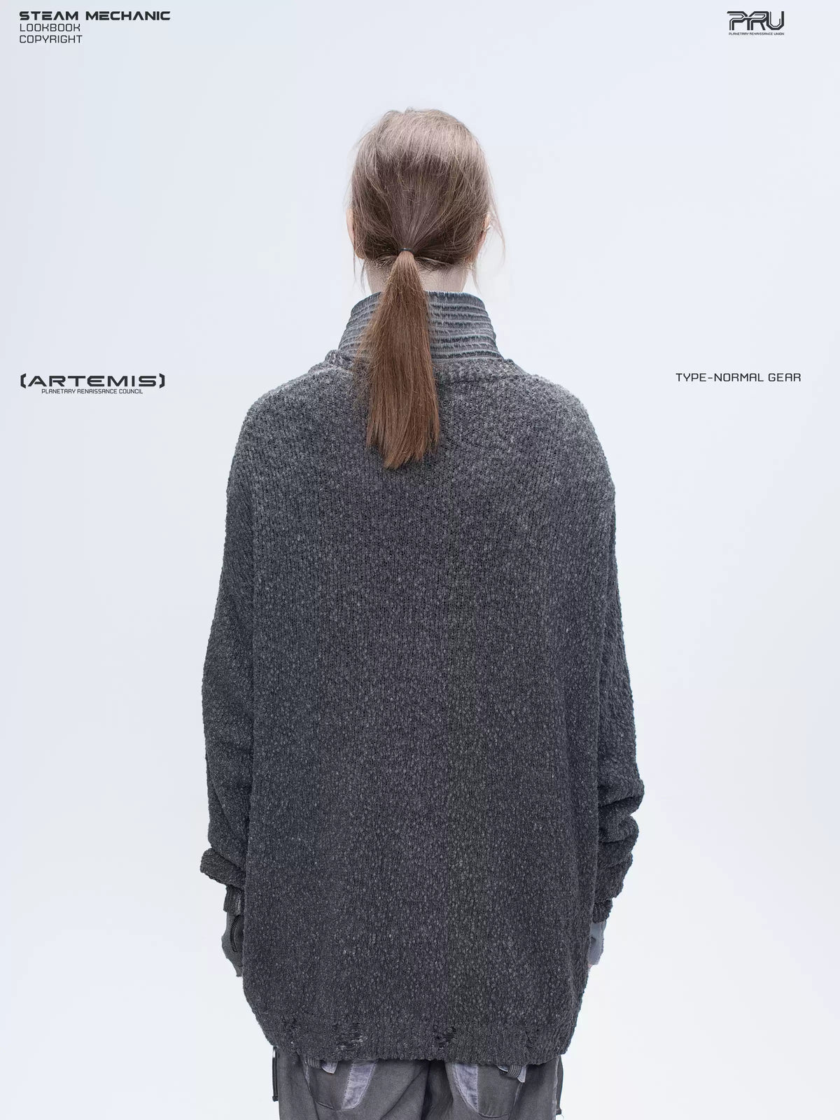 PIONEER moon dust gray moon-protection distressed sweater — rear close-up showing the back and distressed hem