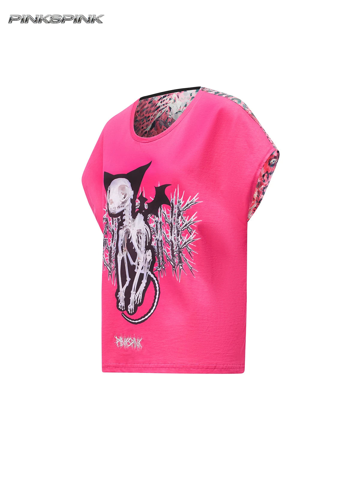 PINKSPINK DEVILCAT leopard-back graphic tee in pink — isolated angled front garment view showing the wide shoulder shape