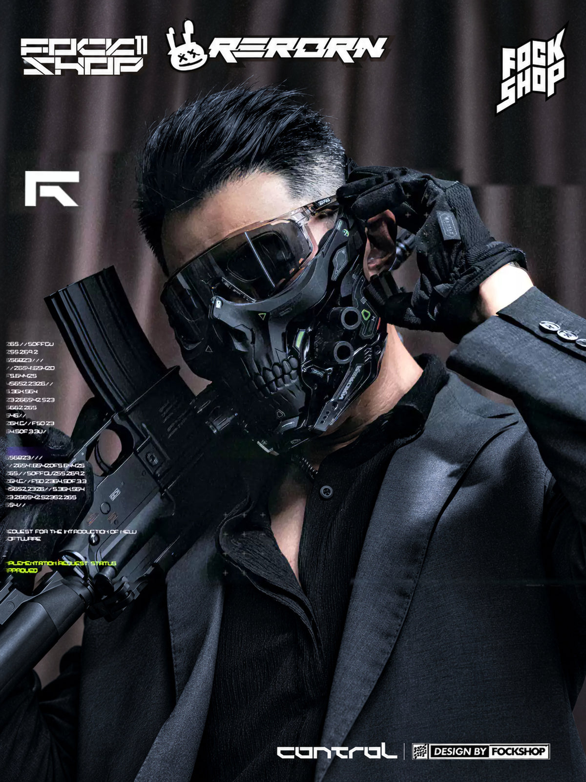 FOCKSHOP STARPOLE skull cyber mask — alternate modeled costume view showing the sculpted skull and chrome-effect jaw