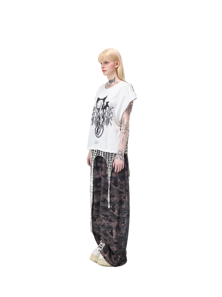 PINKSPINK DEVILCAT leopard-back graphic tee in white — full-length side view styled with separate camouflage pants