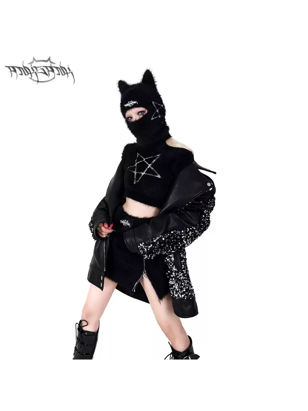 PINKSPINK PENTAGRAM cat-ear knit balaclava — alternate modeled view showing the silhouette