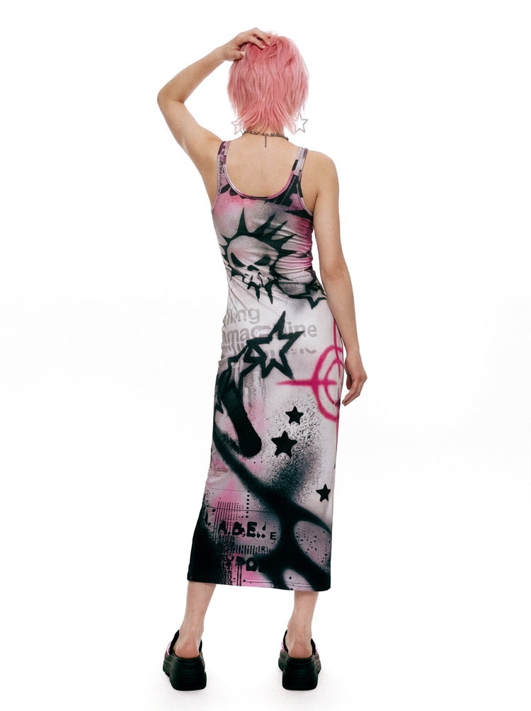 DEADENDKIDS RIOT GRAFFITI fitted maxi dress — construction detail