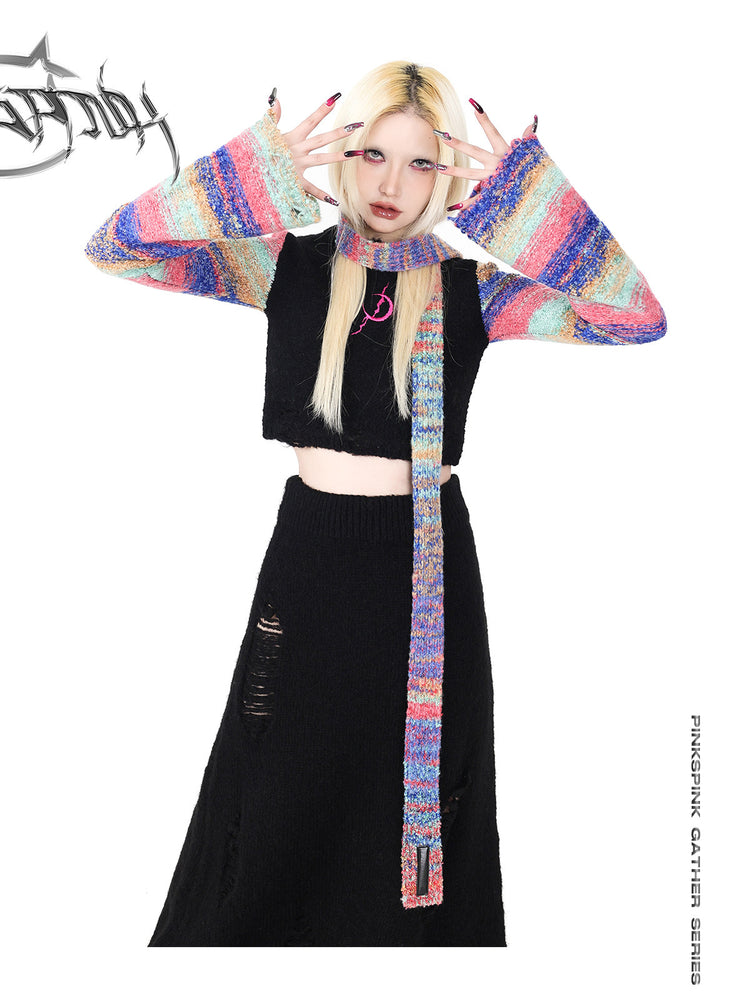 PINKSPINK ELECTRIC MOON rainbow-sleeve cropped sweater with scarf — front modeled close-up with hands raised beside the face
