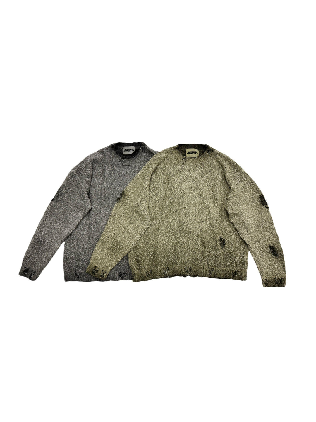 ARTEMIS distressed reversible knit sweater — mercury brown and moon dust gray flat-lay comparison showing both color options