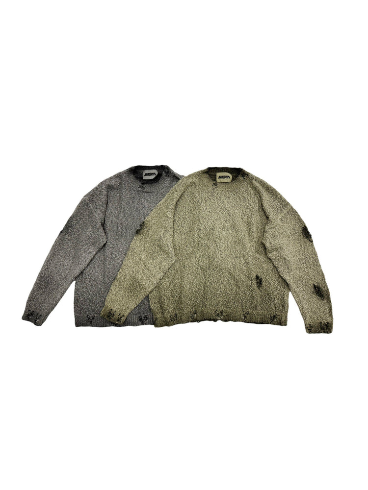 ARTEMIS distressed reversible knit sweater — mercury brown and moon dust gray flat-lay comparison showing both color options