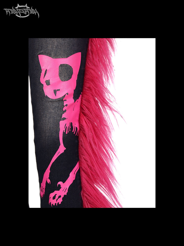 PINKSPINK BARBIE faux-fur flared jeans in PINK — pink skeleton-cat print and faux-fur detail.