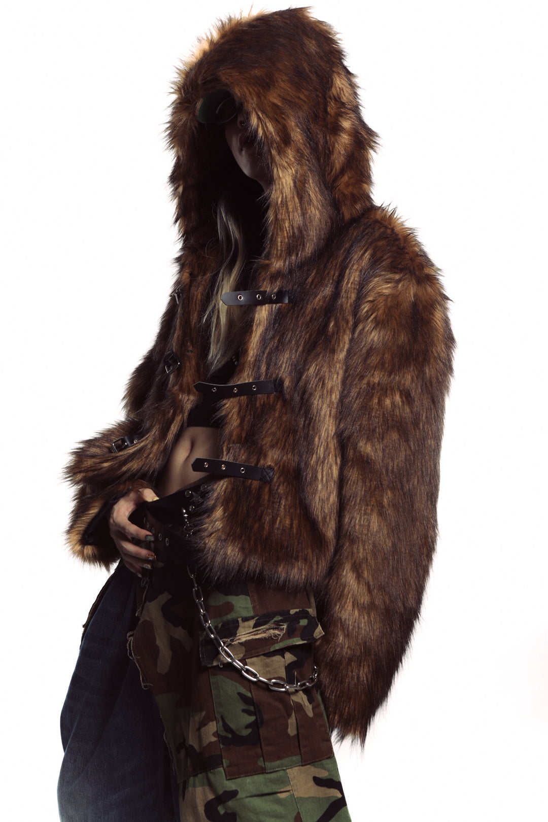 DEADENDKIDS NOMAD HOOD faux-fur coat — close modeled view