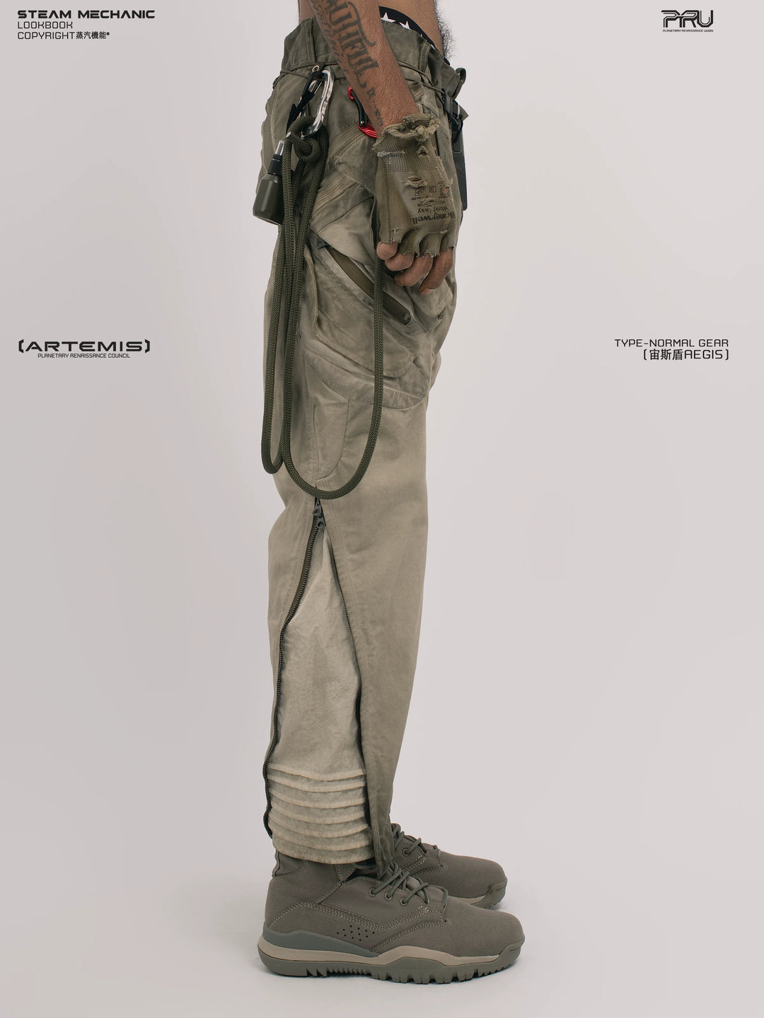 AEGIS lunar soil teal multi-pocket moto pants — rear modeled view