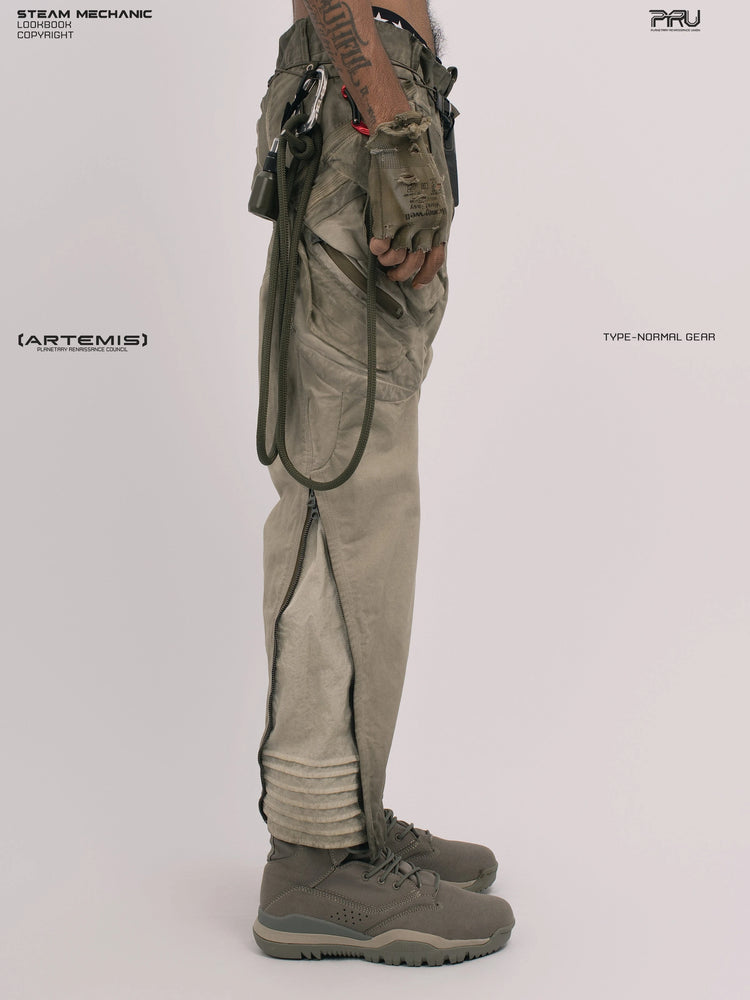 AEGIS lunar soil teal multi-pocket moto pants — full-length side modeled view