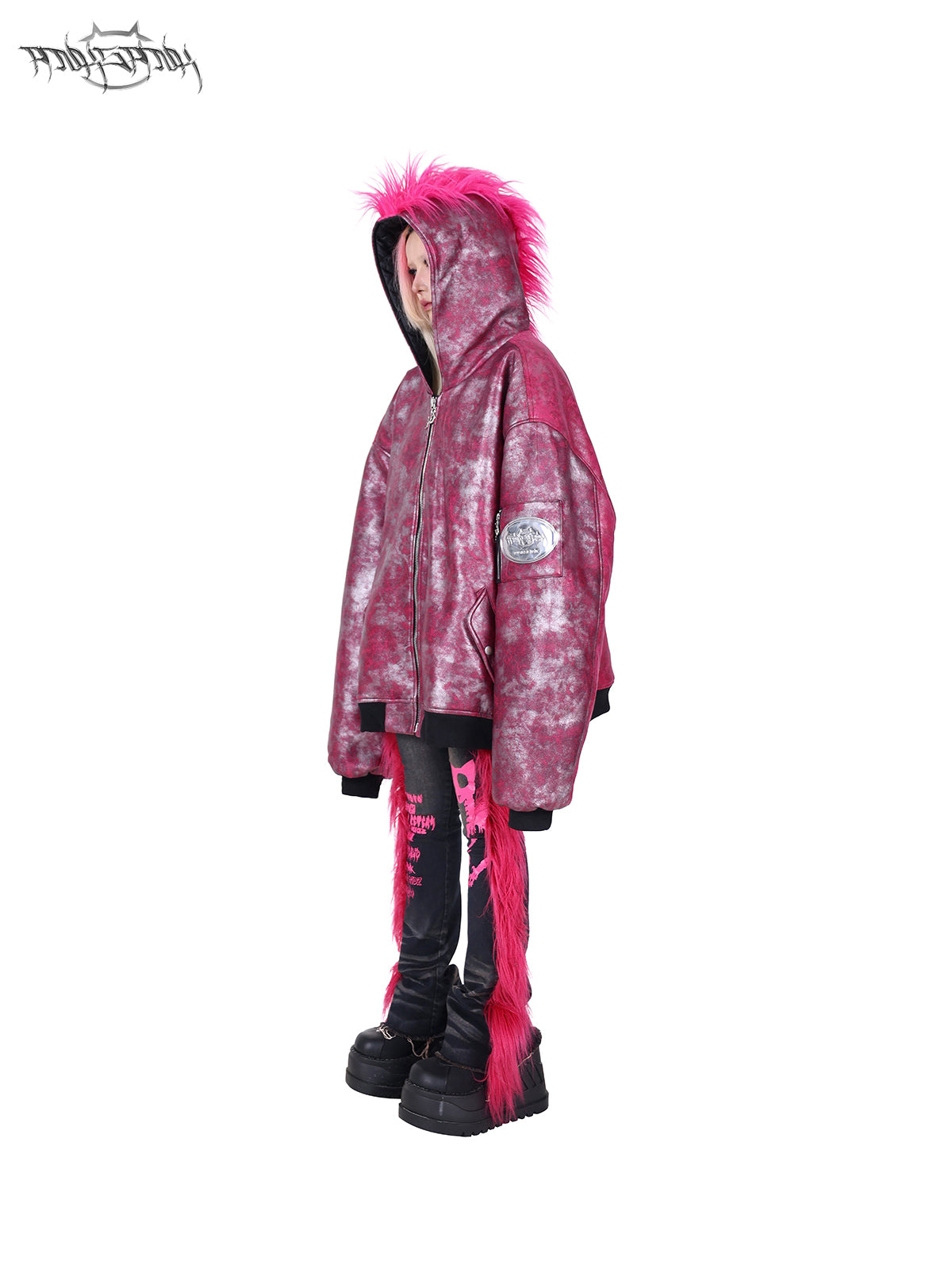 PINKSPINK COCKSCOMB mohawk padded jacket in PINK — side view with mohawk hood.