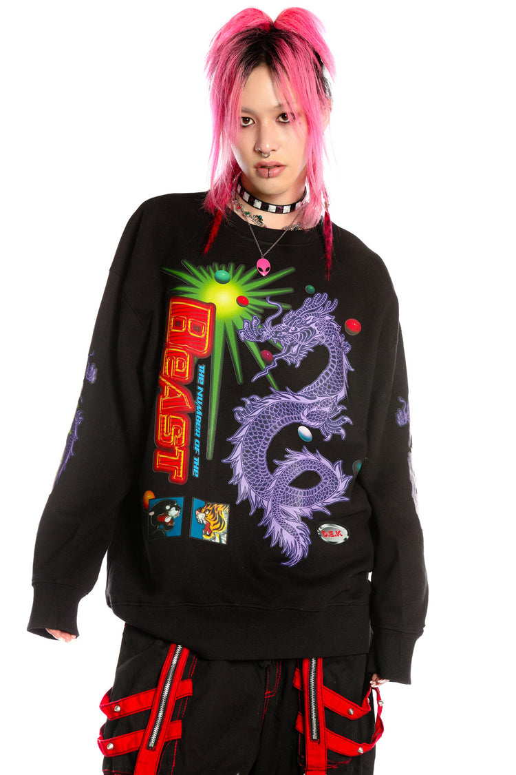 DEADENDKIDS DRAGON PUNK graphic sweatshirt — full-length modeled view
