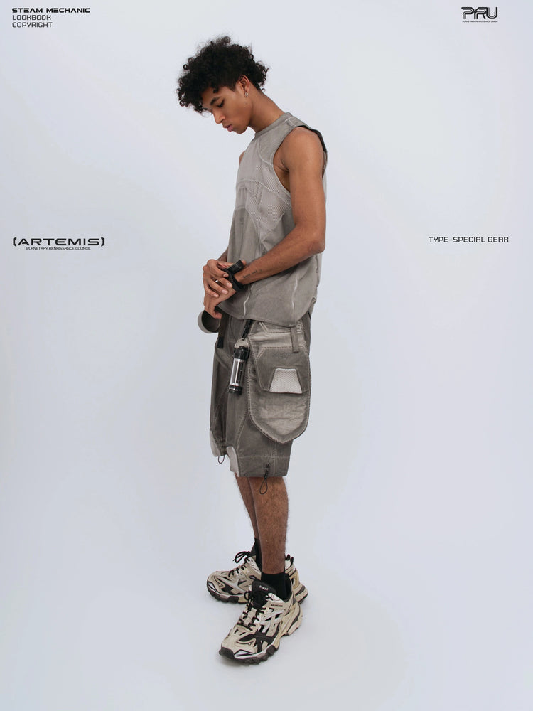 AEGIS lunar sea gray distressed mesh tank — full-length side modeled view looking down