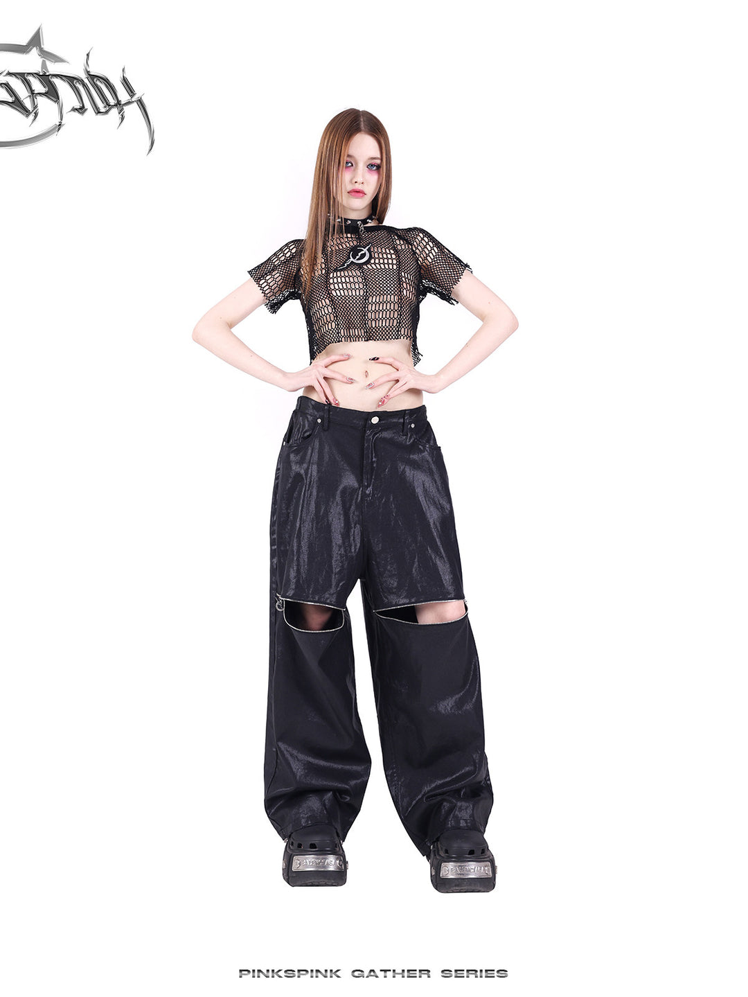 PINKSPINK GEOMETRY open-mesh crop tee in black — front modeled view with sheer mesh pants