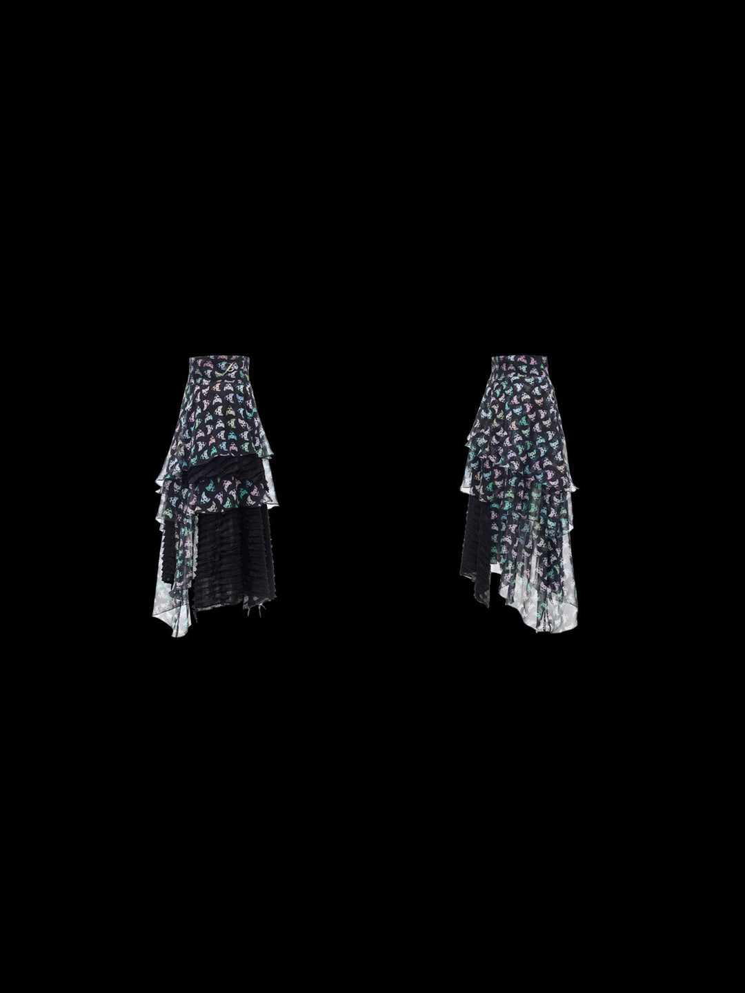 PINKSPINK CAT ALIEN asymmetric mesh maxi skirt — front and back garment-only views